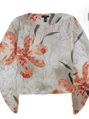 Alfani Floral Angel Wing Sleeve Chiffon Blouse in Cream, Orange and White